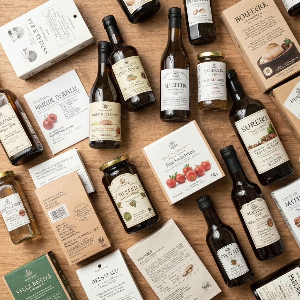 Etiketten und Flaschenbeschriftungen von oben fotografiert