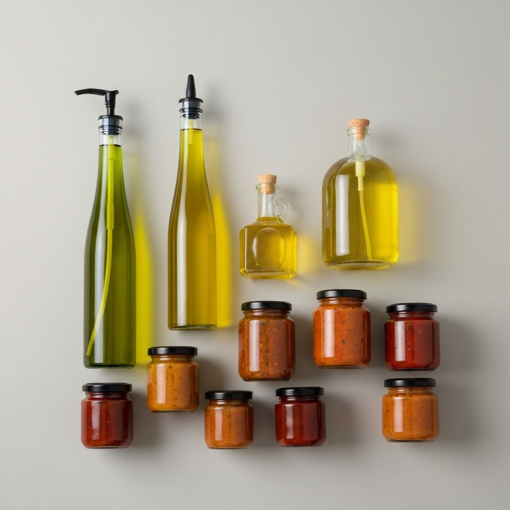 Verschiedene Flaschenformen und -größen für Öl- und Essigprodukte