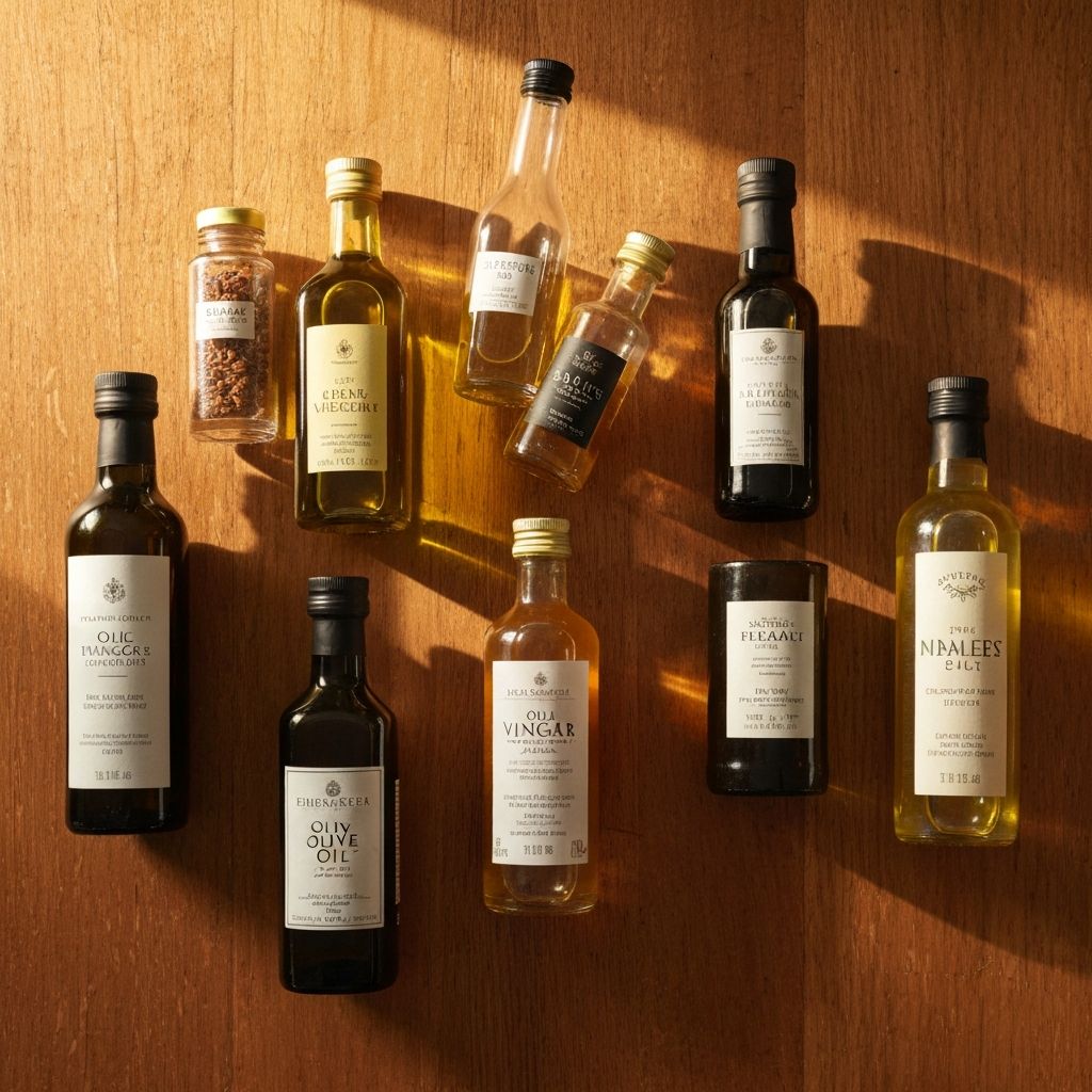 Verschiedene Öl- und Essigflaschen auf Holzoberfläche