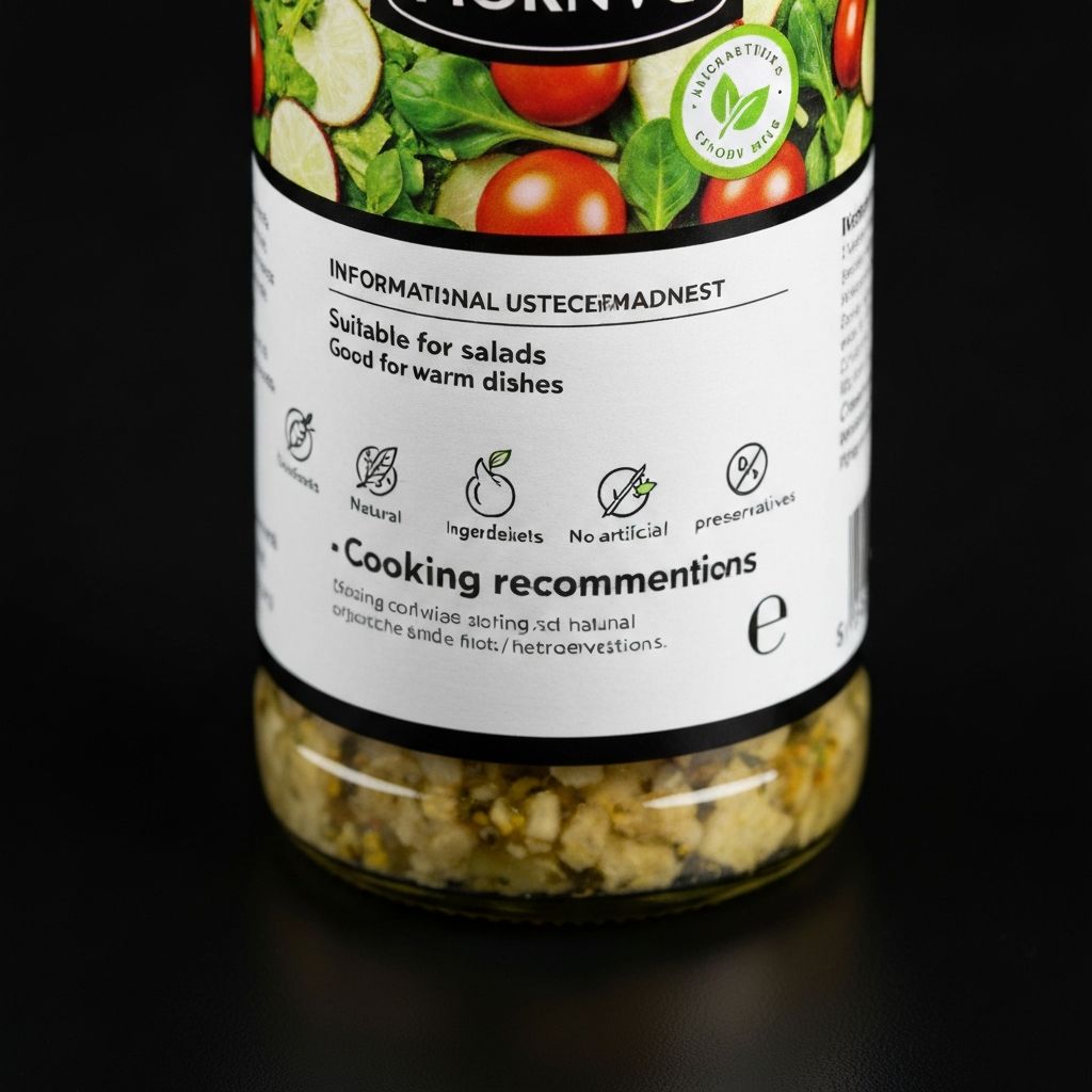 Detailliertes Produktetikett mit Beschreibung und Nährwerten