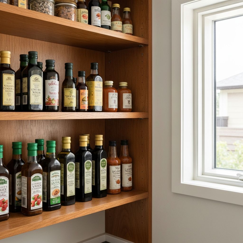 Verschiedene Öl-, Essig-, Saucen- und Würzflaschen in einem Regal