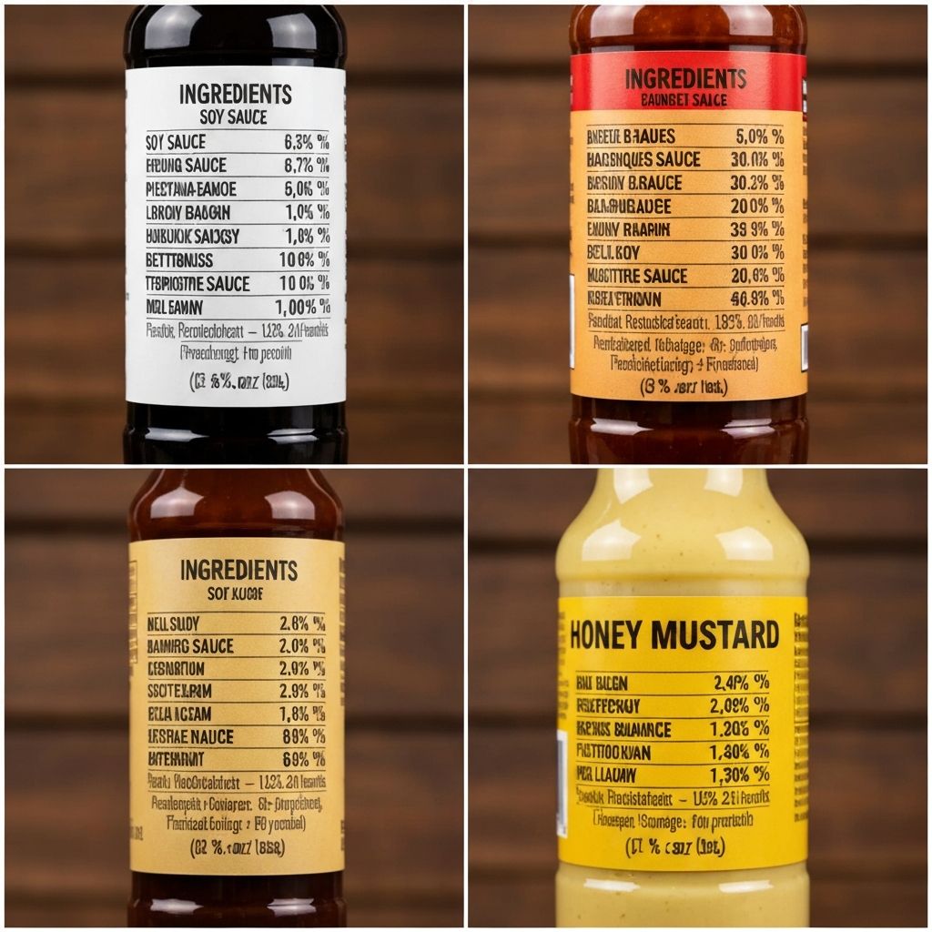 Nahaufnahmen von Zutatenlisten auf verschiedenen Saucenflaschen
